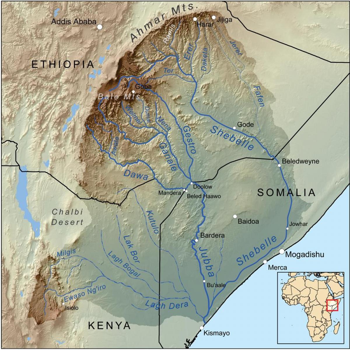kaart van die Ethiopiese riviere