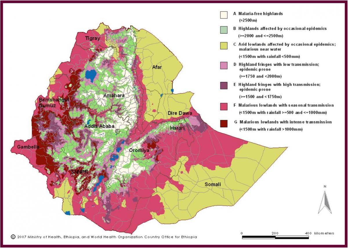 kaart van Ethiopië malaria
