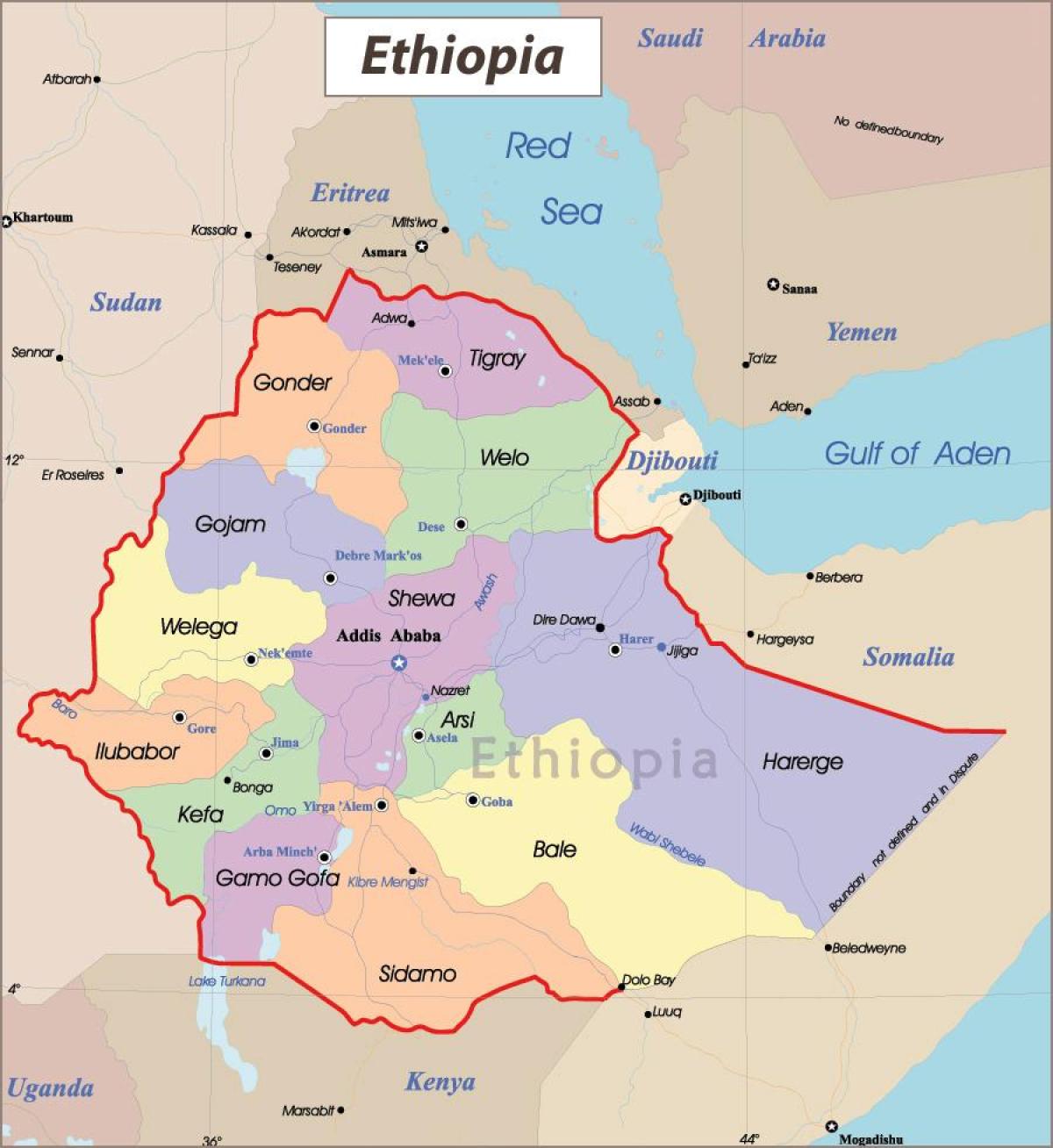 Ethiopië kaart met stede