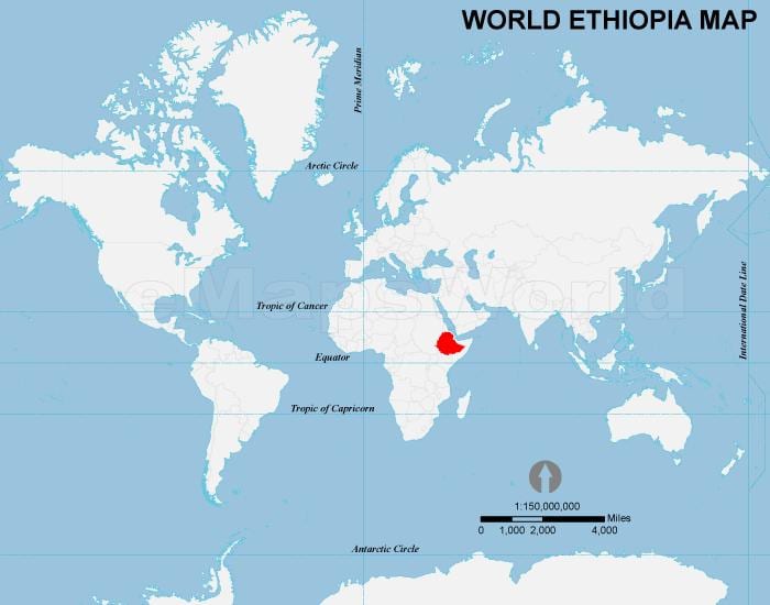 kaart van Ethiopië plek op die wêreld