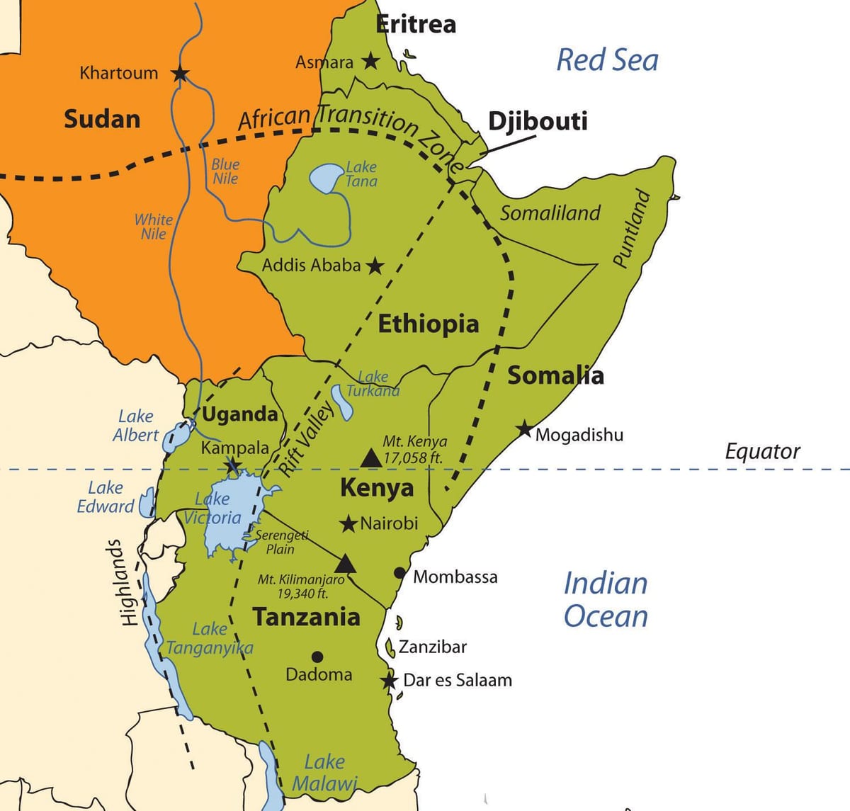 kaart van die Ethiopiese plato-afrika