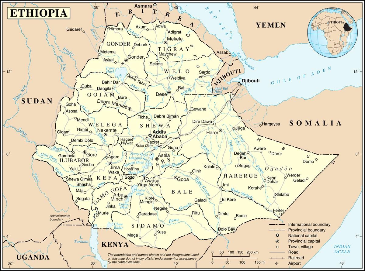 huidige kaart van Ethiopië