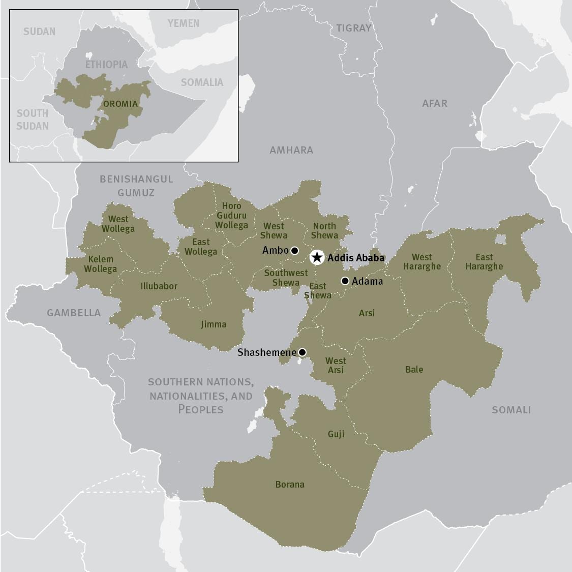 kaart van oromia streek in Ethiopië