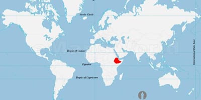 Kaart van Ethiopië plek op die wêreld